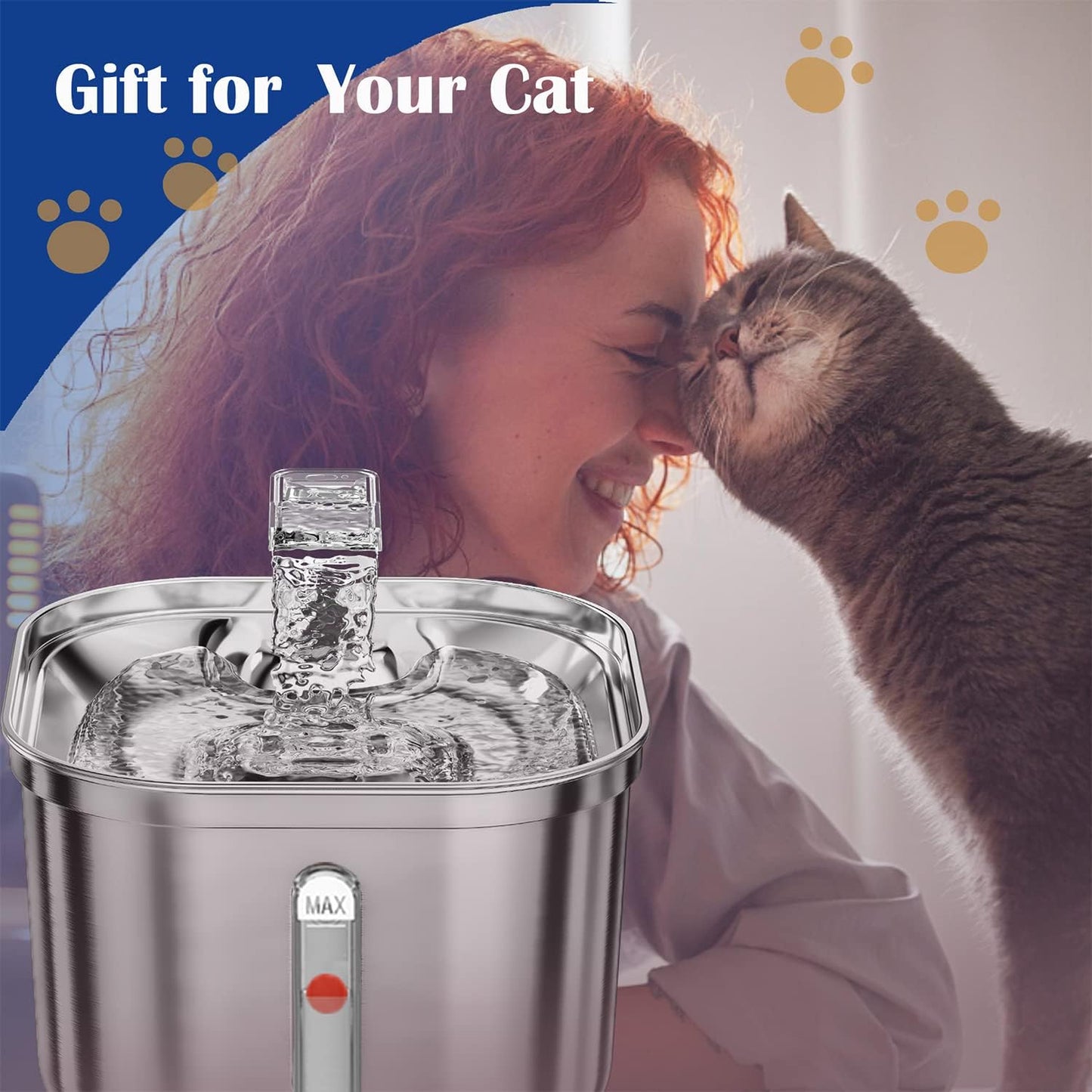 Cat Water Fountain, Stainless Steel Pet Water Fountain for Cats Inside, 3 Filters&Ultra-Quiet Pump