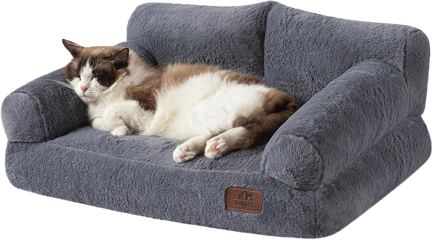 Hollypet Fluffy Plush Dog Cat Pet Couch Soft Calming Sofa Bed for Medium Small Cats and Dogs, Gray