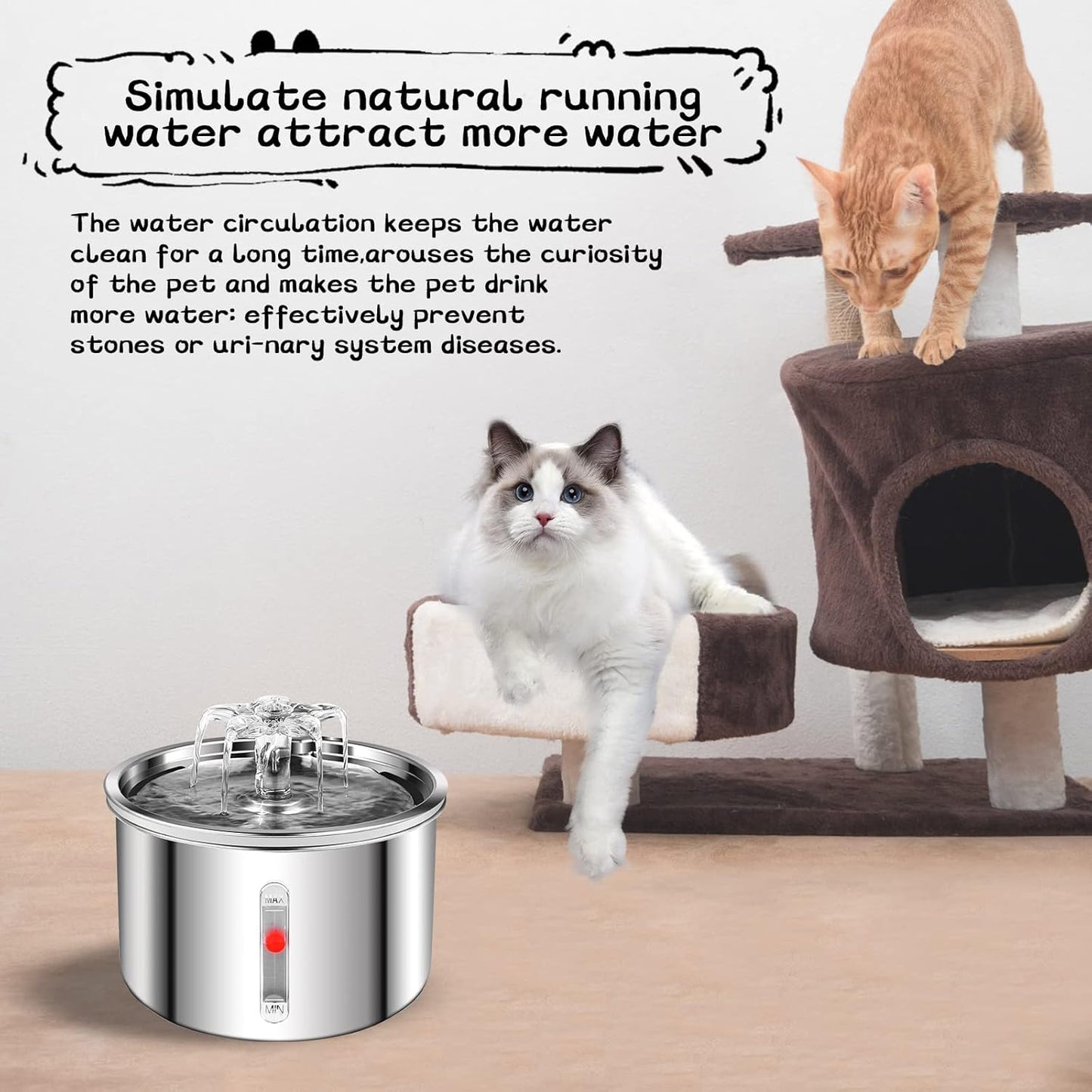 Cat Water Fountain Stainless Steel, 67oz/2L Dog Water Dispenser